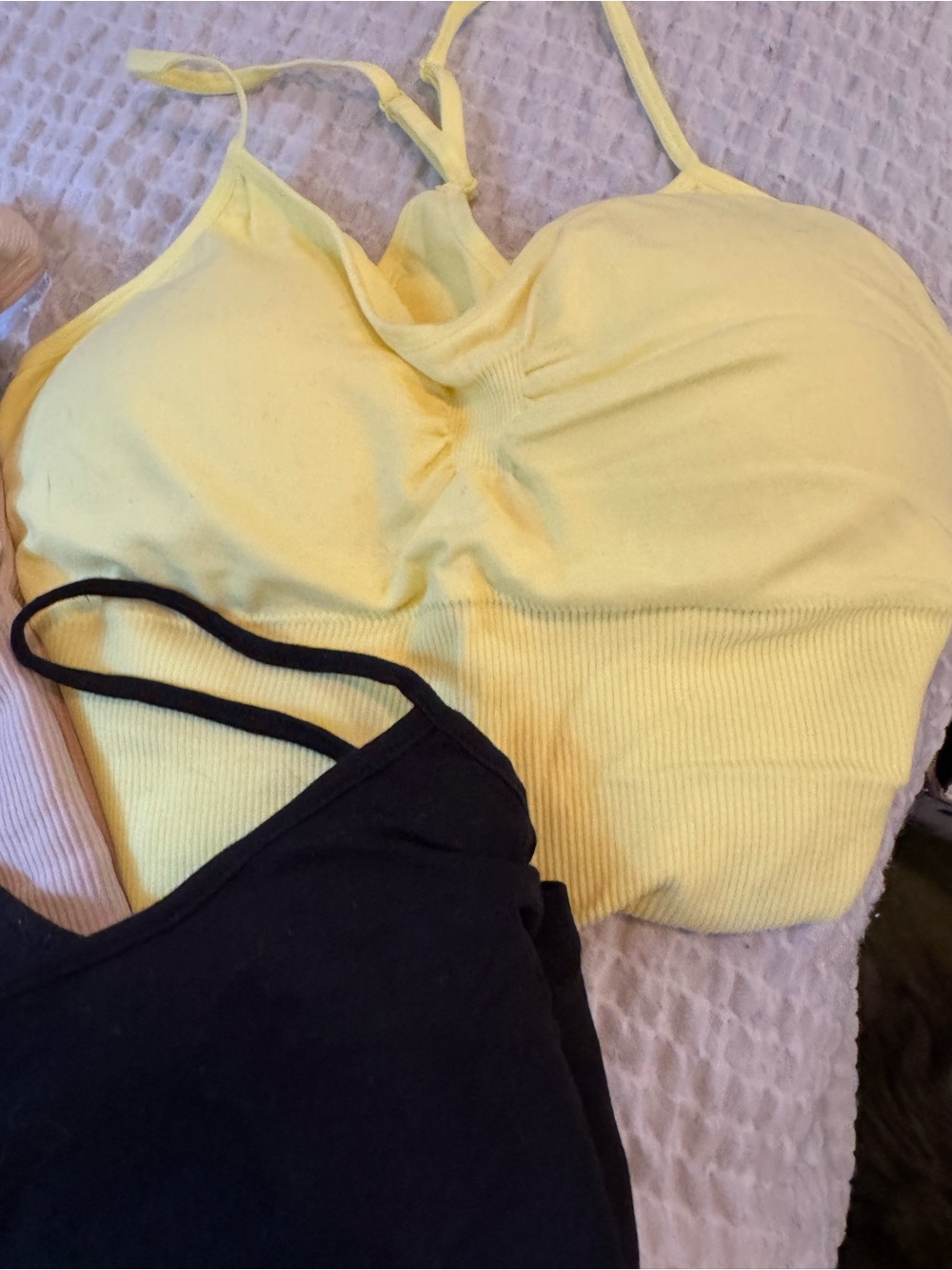 4 pieces Ribbed Spaghetti Strap Bralette Top black yellow cream blue